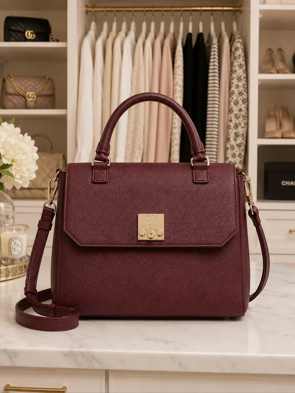 Authentic MCM Burgundy Leather Satchel Crossbody Top Handle Bag Gold Hardware